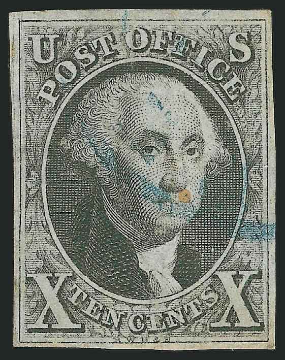 5c Red Brown, 10c Black (1, 2).> Both with ample to full margins, 5c nice strike of red grid cancel, light pressure ridge at top visible in fluid, 10c light <blue> circular datestamp, small faults incl. tiny
spot at center, both Very Fine appearance