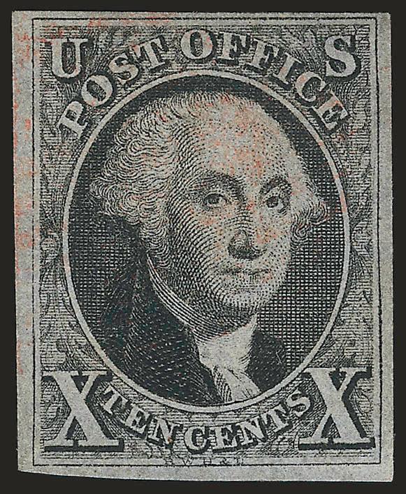 5c Red Brown, 10c Black (1, 2).> Clear to huge margins, former blue grid, latter very faint red cancel, Fine