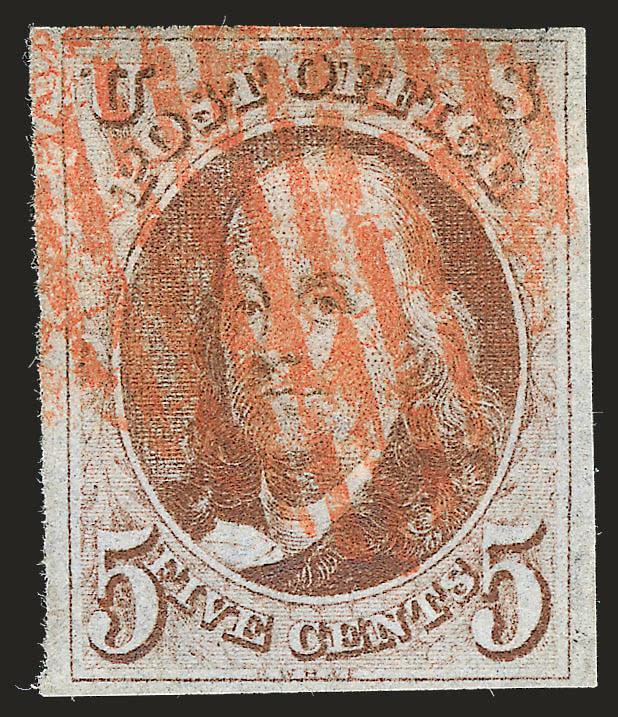 5c Red Brown, 10c Black (1, 2).> Red grid cancels, 5c margins all around, Fine, 10c small flaws, Very Good appearance