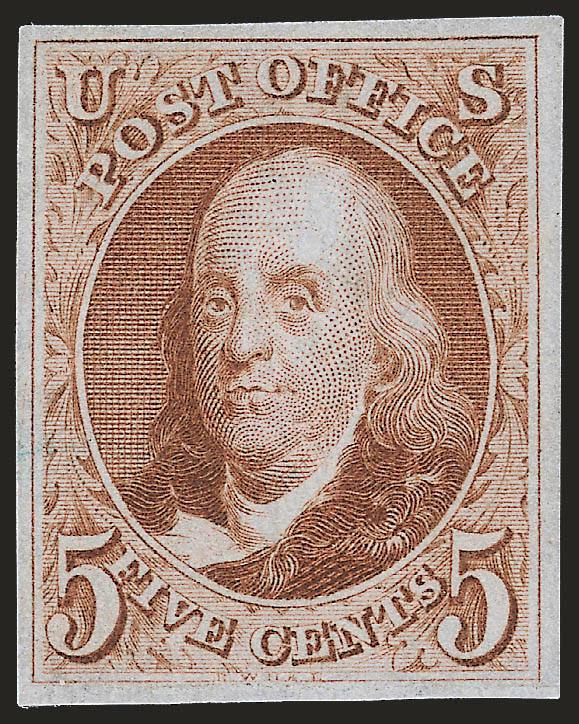 5c Red Brown, Reproduction (3).> Without gum as issued, full to large margins, fresh color on crisp paper, Very Fine and choice, with 2010 P.S.E. certificate (VF-XF 85 SMQ $890.00)