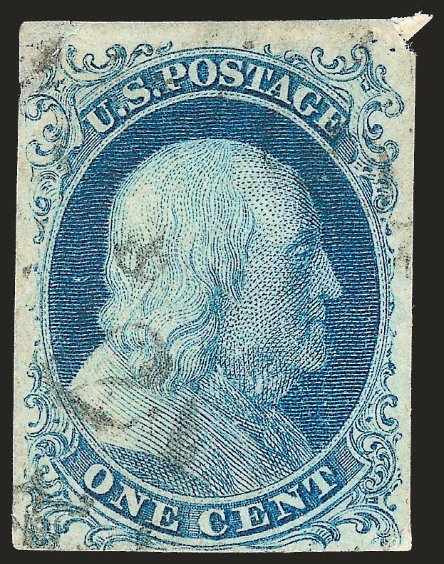 1c Blue, Ty. Ib (5A).> Position 8R1E, large margins to just touching at bottom, but clearly showing the design characteristics, unobtrusive town datestamp, top right corner nicked and reattached, small filled
thin and repaired upper left corner, Very