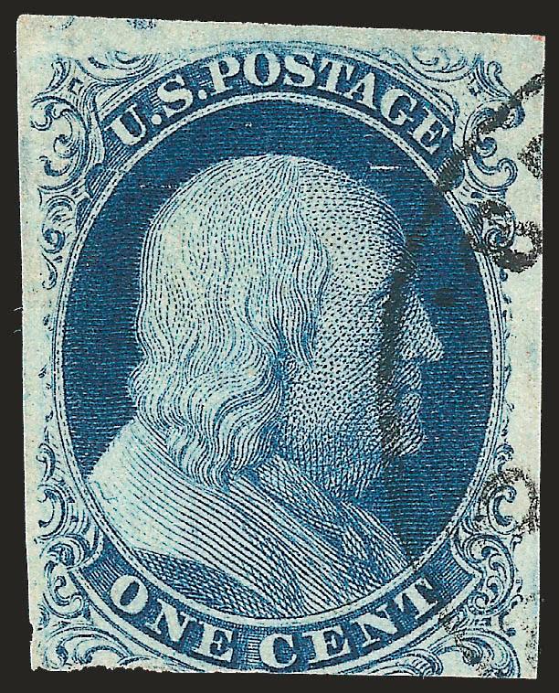 1c Blue, Ty. Ia (6).> Position 97L4, with <Curl on Shoulder,> three large to ample margins, bottom cut in, deep rich Plate 4 color, unobtrusive circular datestamp leaves the design and the variety clearly
visible, sound and presentable, the Curl on S
