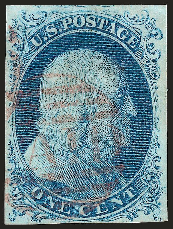 1c Blue, Ty. II (7).> Plate 1E, full margins to barely touched, clear strike of <magenta Boston Small Paid Grid>, tiny tear and small deep thin breaks the paper, still Fine appearance and an extremely rare
example of this cancel in magenta (struck