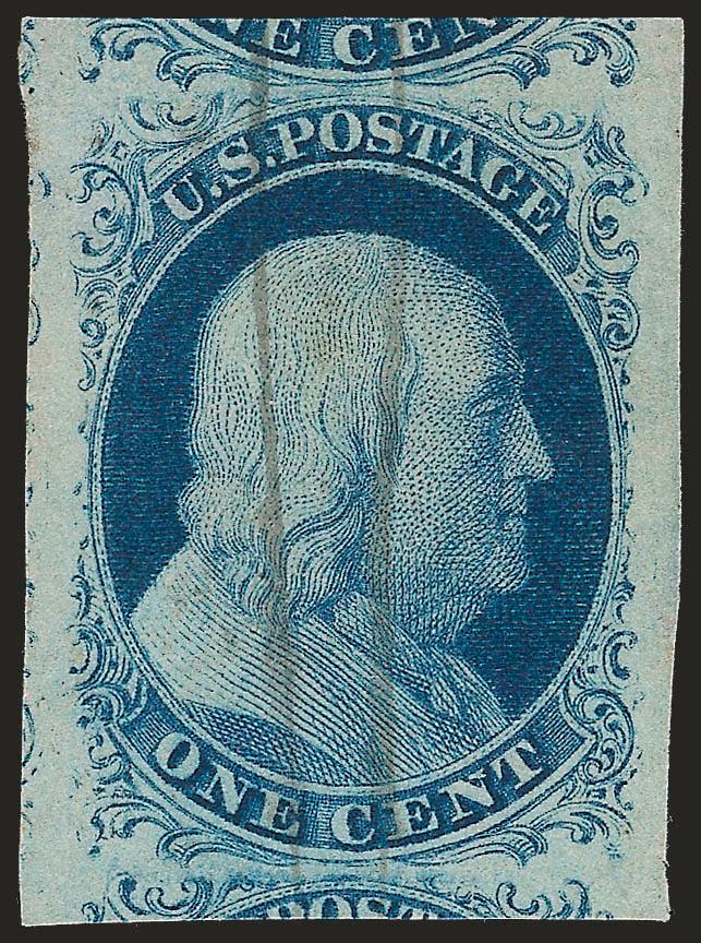 1c Blue, Ty. II (7).> Plate 2, huge to enormous margins showing parts of adjoining stamps top and bottom and traces of a third at left, beautiful deep rich color, two light vertical ms. line cancels, Extremely
Fine Gem, with 2009 P.F. certificate