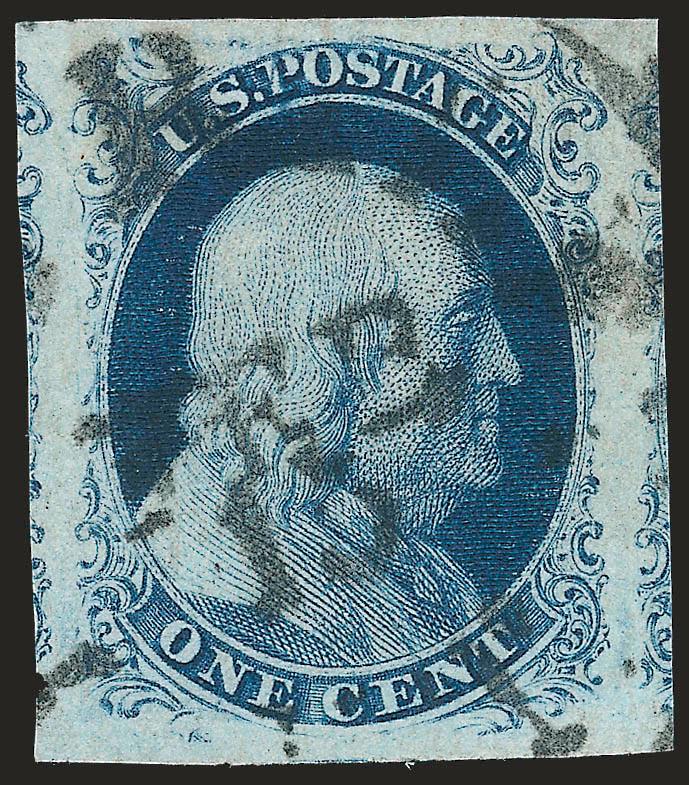 1c Blue, Ty. III (8).> Plate 4, huge Jumbo margins showing bits of adjoining stamps at left and right, magnificent deep shade typical of Plate 4 printings, clear strike of Feb. 15 circular
datestamp<><>^EXTREMELY FINE GEM. AN ABSOLUTELY BREATHTAK