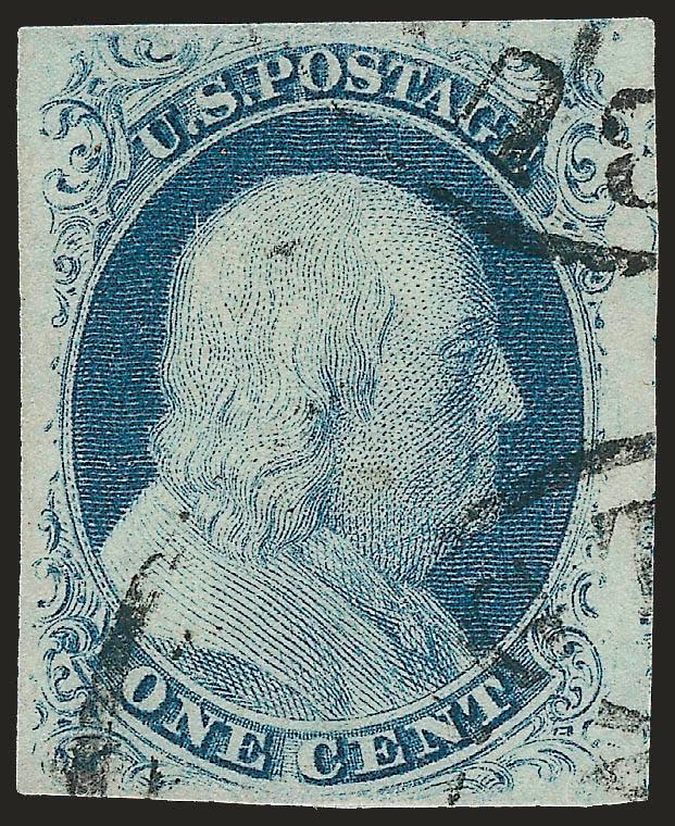 1c Blue, Ty. III (8).> Plate 4, large margins all around, face-free strikes of town datestamp, wide breaks at top and bottom<><>^EXTREMELY FINE EXAMPLE OF THE 1851 ONE-CENT IMPERFORATE TYPE III.^<><>With 2009
P.S.E. certificate