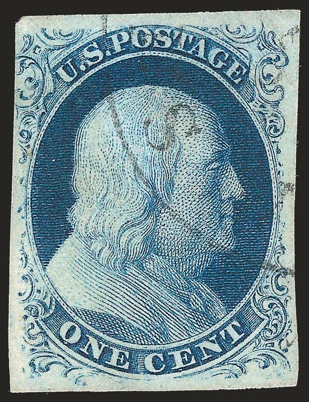 1c Blue, Ty. III (8).> Plate 4, wide break in outer line at top and clear break at bottom, large margins to just barely in at upper left, lightly cancelled by town datestamp, deep rich color, Very Fine and
scarce, with 2010 P.S.E. certificate