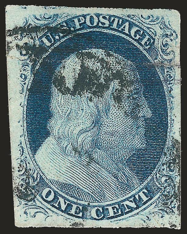 1c Blue, Ty. III, Position 99R2 (8).> Large margins incl. trace of adjoining stamp at top, clearly showing wide breaks and the characteristic double transfer at right, deep color, filled thin spot and bit heavy
horizontal creases<><>^VERY FINE APPE