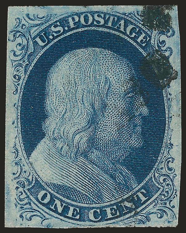 1c Blue, Ty. IIIa (8A).> Position 35R4, full margins all around, wonderful deep rich color with a virtually face-free portion of cork cancel at top right, there is a tiny break in the bottom frameline that
should qualify this as Ty. III, the impressi