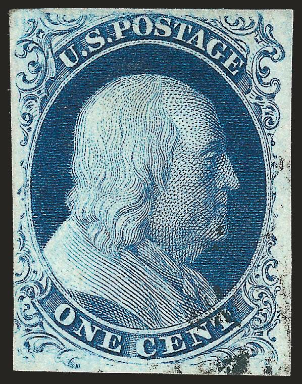 1c Blue, Ty. IIIa (8A).> Plate 4, large to clear margins, deep rich color, virtually face-free cancel leaves the design completely visible, Fine and attractive, with copy of 1998 P.F. certificate