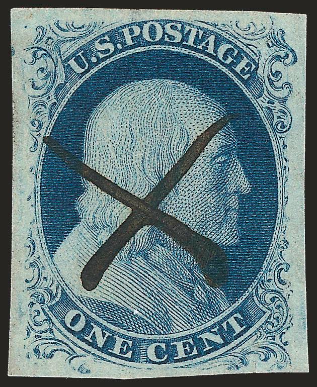 1c Blue, Ty. IIIa (8A).> Plate 4, large margins all around, wide break at top, rich color, pen cancel, tiny scissor cut at bottom right not mentioned on accompanying certificate, Extremely Fine appearance, with
1983 P.F. certificate