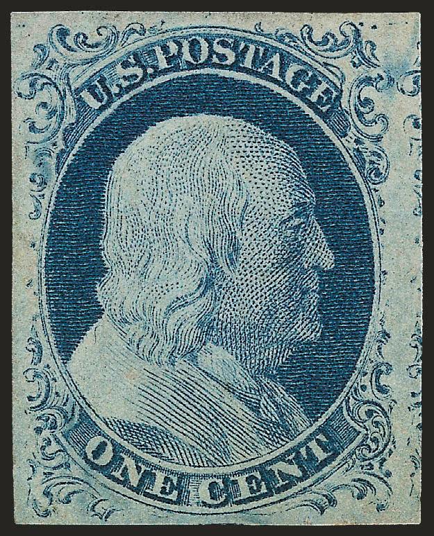 1c Blue, Ty. IV (9).> Position 9R1L, original gum, lightly hinged, large margins, deep rich color, Extremely Fine, this Type IV stamp shows the complete design at top, in its earlier state it was Type Ib Scott
5A, very scarce in such choice condition