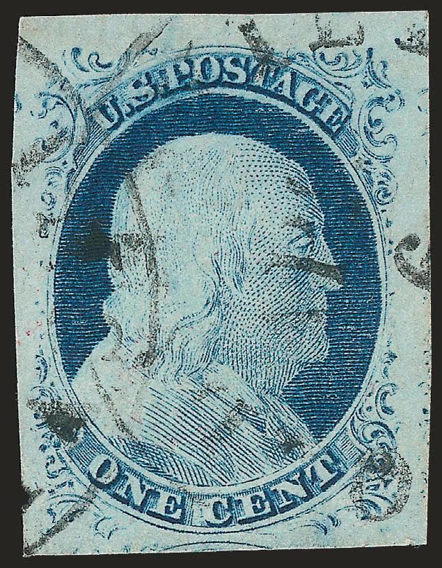 1c Blue, Ty. IV (9).> Recut once at top, twice at bottom, huge margins, nice color, town circular datestamps, Extremely Fine Gem, with 2010 P.S.E. certificate (XF-Superb 95 Jumbo SMQ $700.00 as 95, $1,500.00 as
98)