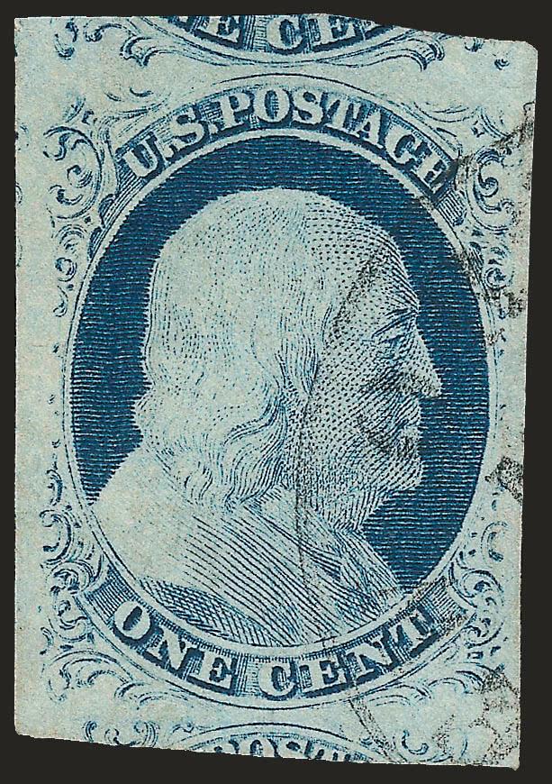 1c Blue, Ty. IV (9).> Recut once at top and once at bottom, huge margins all around incl. significant part of adjoining stamps at top and bottom, radiant color, light strike of circular datestamp, Extremely
Fine Gem, a beautiful stamp, with 1988 and