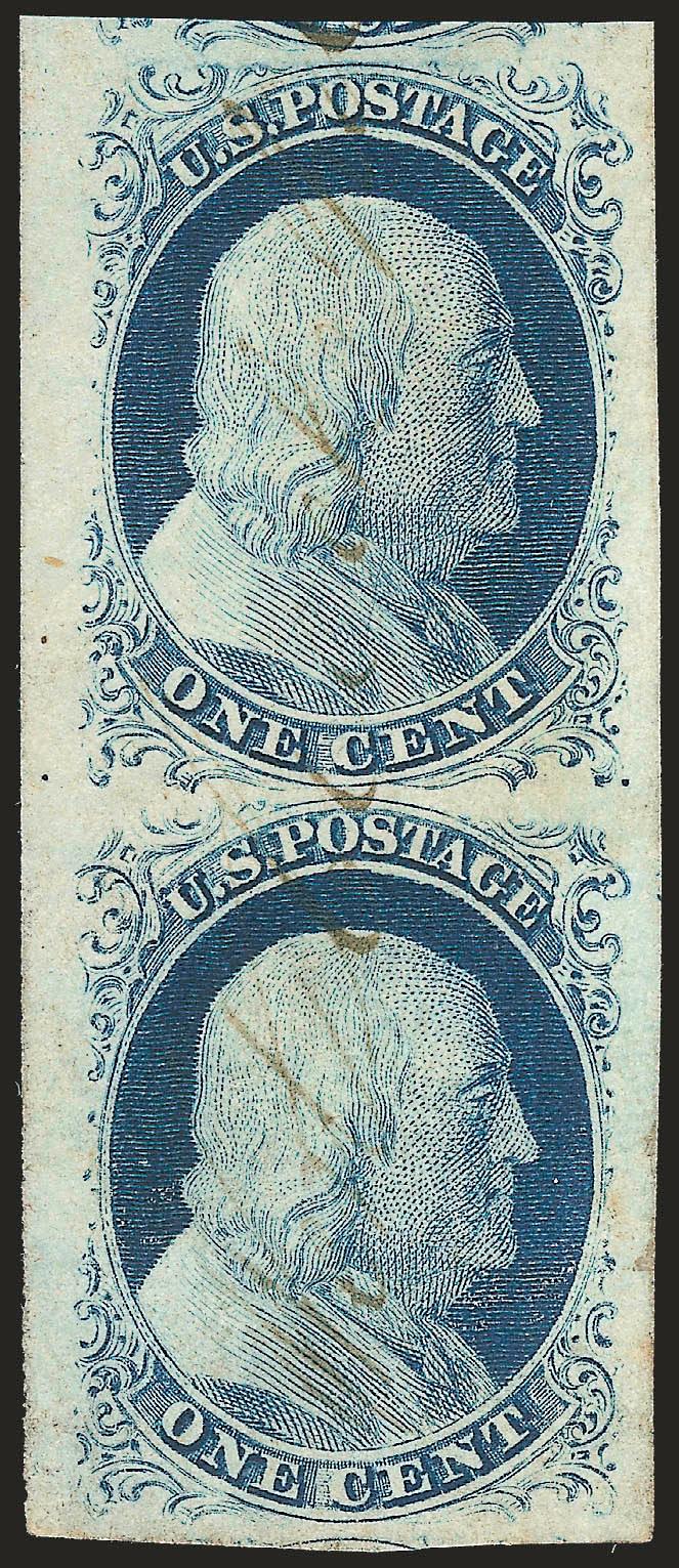 1c Blue, Ty. IV (9).> Vertical pair, each recut once at top and bottom, huge margins including part sheet margin at left and parts of adjoining stamps at top and bottom, very light and neat manuscript town
cancel, Extremely Fine Gem, a wonderful pair