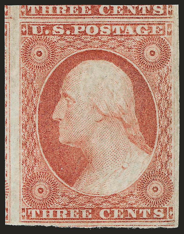 3c Dull Red, Ty. I (11).> Position 80R4, original gum, barely hinged, large to huge margins showing small to considerable parts of four adjoining stamps, choice fresh color, small internal crease below
Washingtons chin, really trivial, otherwise Ext