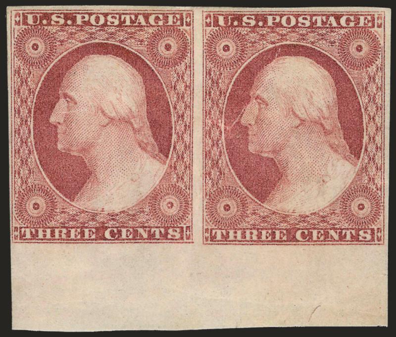 3c Claret, Ty. II (11A).> Horizontal pair, full original gum, lightly hinged, three clear to large margins, <huge sheet margin at bottom,> pristine color and impression, right stamp internal crease, otherwise
Very Fine, left Very Fine and a magnifice