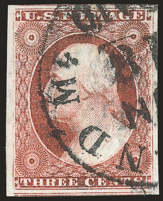 3c Brownish Carmine, Ty. I (11).> Large even margins all around, deep rich color, bold strike of circular datestamp, Extremely Fine Gem, with 2006 P.F. certificate (XF-Superb 95)