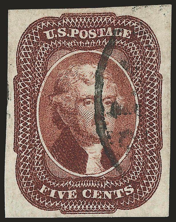 5c Red Brown (12).> Wonderful deep rich color with bold impression, cancelled by edge of a circular datestamp, Extremely Fine, with 1996 P.F. and 2010 P.S.E. certificates (XF 90 SMQ $1,000.00)