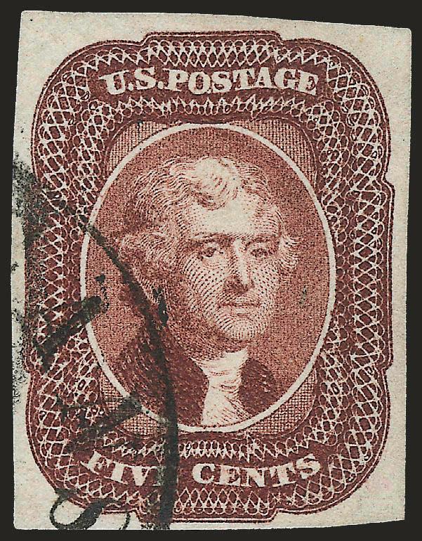 5c Red Brown (12).> Three large margins, ample at bottom, outstanding rich color and clear impression, small part of nearly face-free New Orleans circular datestamp, Very Fine