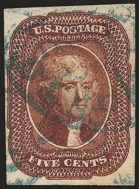 5c Red Brown (12).> Full to huge margins, rich color, <blue town> datestamps, light horizontal crease and tiny margin corner crease, otherwise Very Fine, great visual appeal and rare with blue cancel, with 1990
P.F. certificate
