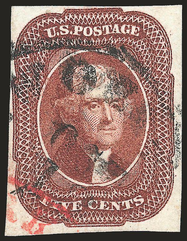5c Red Brown (12).> Ample to clear margins, deep rich color, neat circular datestamp with small part of red cancel at bottom, fresh and Fine