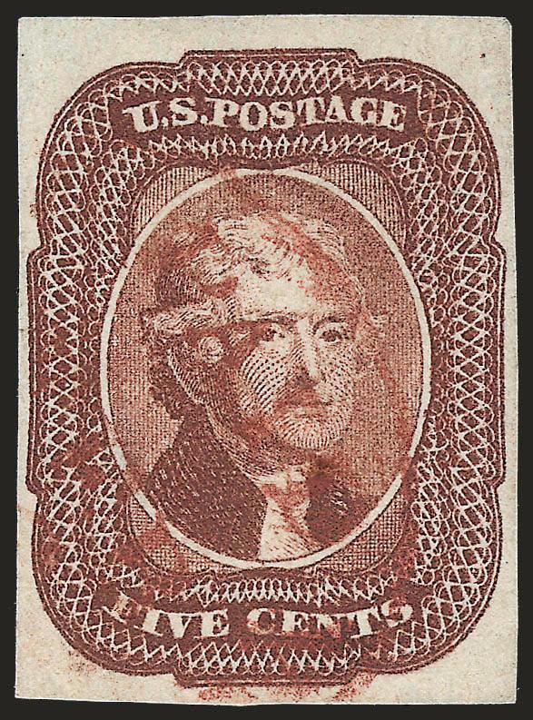 5c Red Brown (12).> Five singles, three ample to huge margins, other two ample to touching, better cancels incl. New York Ocean Mail Grid, blue, red and brown-red circular datestamps, red grid, mixed condition,
Fine-Very Fine appearance