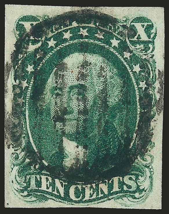 10c Green, Ty. I (13).> Ample to huge margins, rich color, unusual grid cancel, Very Fine