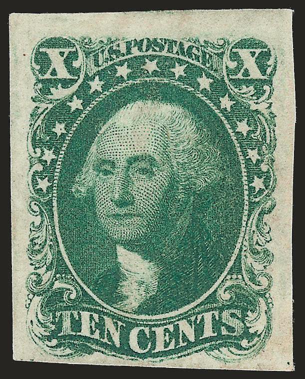 10c Green, Ty. I (13).> Three huge margins, ample at bottom, incredibly beautiful strong color on bright paper, faintly cancelled (appears unused), light corner crease top left, otherwise Extremely Fine,
eye-catching example
