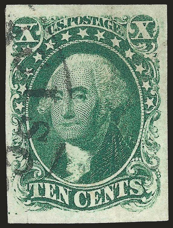 10c Green, Ty. I (13).> Large margins all around, rich color, nearly face-free San Francisco circular datestamp at left, couple light diagonal creases, Extremely Fine appearance