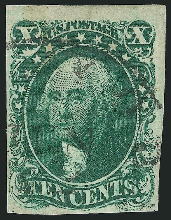 10c Green, Ty. I (13).> Large margins to just clear incl. huge top margin that shows a trace of the adjoining stamp, rich color, light circular datestamp, fresh and Fine