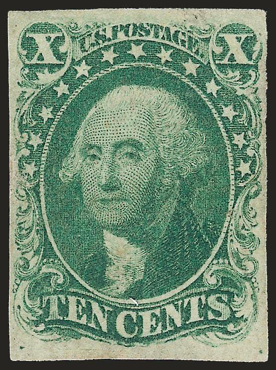 10c Green, Ty. I (13).> Three singles, cancels removed, all appear unused (one with imitation gum), margins to slightly in, Fine lot