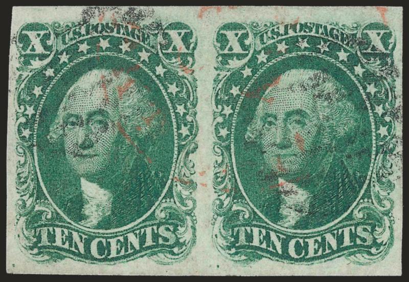 10c Green, Ty. I (13).> Horizontal pair, large to huge margins, rich color and clear impression, light black and red cancels<><>^VERY FINE AND CHOICE. A SCARCE MULTIPLE OF THE 1855 10-CENT TYPE I.^<><>The Type
I stamps are found only on the botto