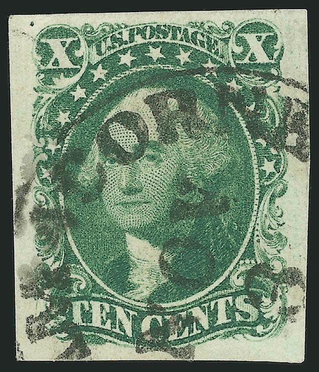 10c Green, Ty. II (14).> Huge margins all around, bright paper, bold strike of Chatham 4 Corners circular datestamp, Extremely Fine, a striking stamp