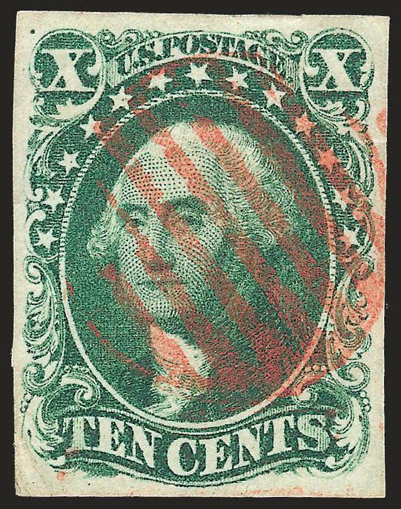 10c Green, Ty. IV (16).> Position 76L1, recut at bottom, beautifully balanced margins, <red> grid cancel, small corner crease and some light horizontal wrinkling, Very Fine appearance, with copy of 1979 P.F.
certificate