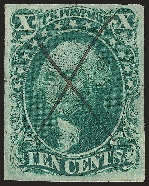 10c Green, Ty. IV (16).> Position 3R1, recut at top (misplaced transfer position), nicely balanced margins, warm color, neat pen cancel, Very Fine, with 1999 P.S.E. certificate