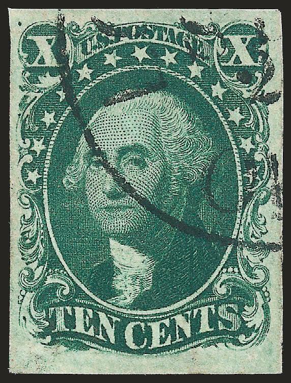 10c Green, Ty. IV (16).> Position 74L1, recut at top, large margins, especially at bottom, wonderful deep rich color, neatly struck circular datestamp, light horizontal crease at top, Extremely Fine
appearance