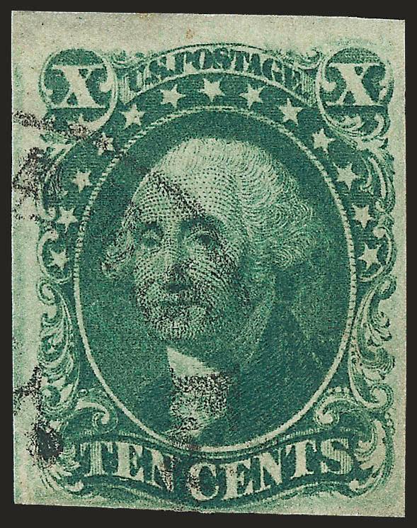 10c Green, Ty. IV (16).> Position 3R1, recut at top (misplaced transfer position), just clear to huge margins, intense color and light circular datestamp, Fine