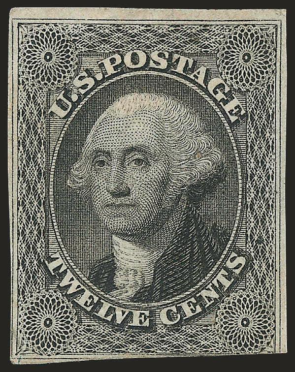 12c Black (17).> Part original gum, h.r., clear to large margins except slightly in partially at bottom, proof-like impression, light creases, about Fine appearance, scarce stamp unused, especially with
original gum