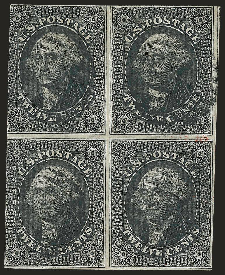 12c Black (17).> Positions 1-211-12, block of four, margins to slightly cut in, strong intense shade, each with neat grid cancel, Pos. 11 slight edge thinning, otherwise Very Good-Fine, rare used block of
four