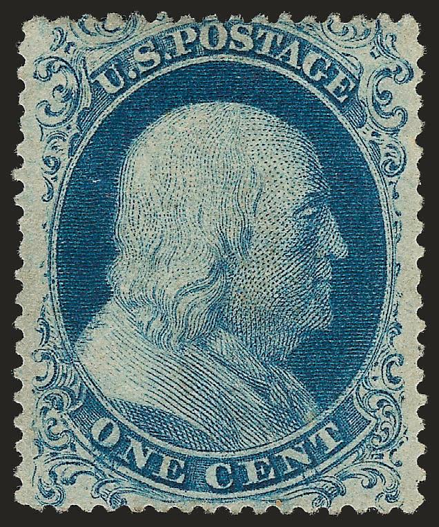 1c Blue, Ty. I (18).> Position 23L12 with <double transfer,> original gum, lightly hinged, rich color and without the plate wash often seen on impressions from this last regularly-issued 1c plate, Very Fine and
choice, with 2010 P.S.E. certificate