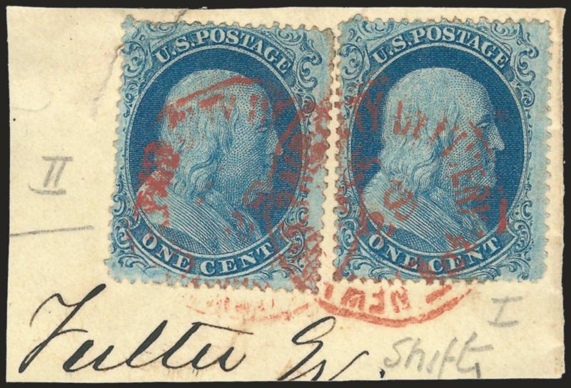 1c Blue, Ty. I (18).> Position 25L12 with <double transfer,> used with 1c Blue, Ty. II (20), Plate 12, tied by <red New York City Carrier> circular datestamp on piece, Ty. II small faults, Ty. I Very
Fine