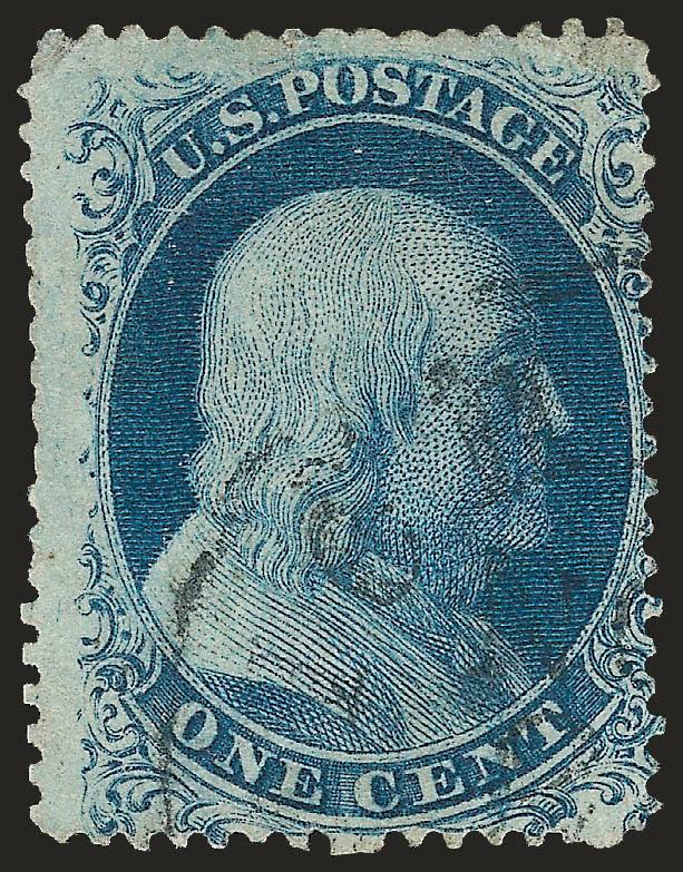 1c Blue, Ty. Ia (19).> Position 91L4, prominent plate bruise on n of Cent, rich color and light circular datestamp, corner crease top right, small tear top and some partially clipped perfs at left, affordable
example of this rare 1c 1857 type tha