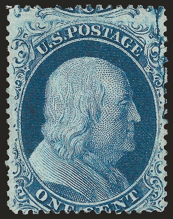 1c Blue, Ty. II, Plate Crack (20 var).> Position 12L2, unused (no gum), deep rich color, couple perf flaws, Very Good, scarce unused, Scott Retail as original gum