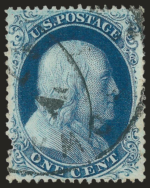 1c Blue, Ty. III (21).> Plate 4, excellent centering, rich color and light town circular datestamp, small margin nick at left, otherwise Very Fine and choice, with 2001 P.S.E. certificate which misidentifies
this as a Ty. IV No. 23 (clearly Ty. III)
