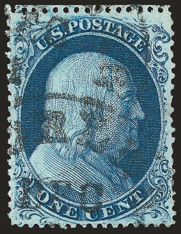 1c Blue, Ty. III (21).> Exceptionally well-centered, intense Plate 4 color, light circular datestamps, single added perf tip at right, Extremely Fine appearance, with 1988 P.F. and 2005 P.S.E. certificates,
former not mentioning the added perf tip.