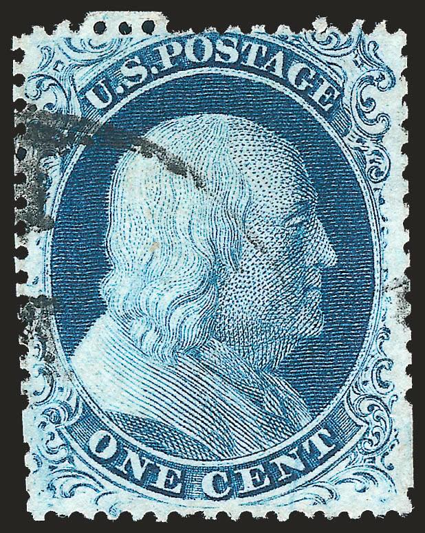 1c Blue, Ty. III (21).> Position 32L4, scissor separated perfs but largely intact, some blind perfs at sides, distinct bottom line break, Fine, with copy of 1980 A.P.S. certificate