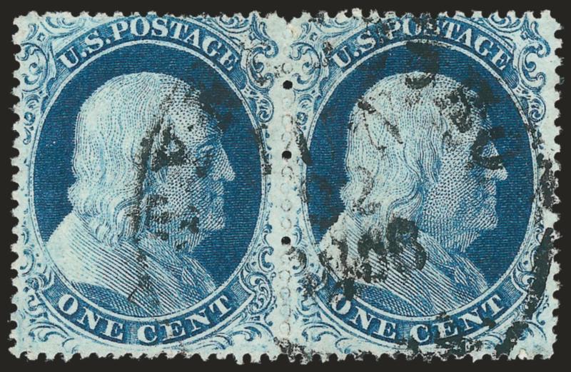 1c Blue, Ty. III (21).> Horizontal pair, rich Plate 4 color and well-centered, circular datestamp, neatly pressed creases and some nibbed perfs at top of left stamp, Fine appearance, signed SKS (Kelly
Stryker)