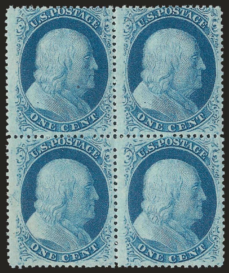 1c Blue, Ty. V (24).> Block of four, top pair lightly hinged, bottom pair Mint N.H., fresh and Fine, Scott Retail as block of four without premium for two Mint N.H. stamps