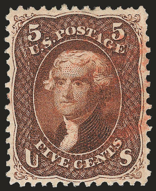 5c Red Brown (75).> Incredibly well-centered, magnificent color and impression, light unobtrusive <red grid> cancel, Extremely Fine, exceptionally pretty used stamp, with 2010 P.S.E. certificate (VF-XF
85)